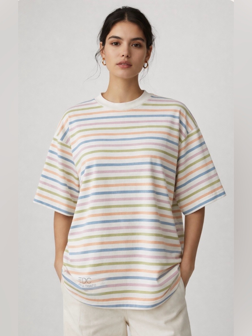 Vintage 90s Esprit EDC Rainbow Striped Cotton Boxy Oversized Shirt M USA